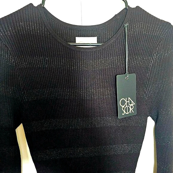 NWT Chaser Veda Fillmore Stripe Midi Dress Small Bodycon Black Silver Heavy - Picture 2 of 9